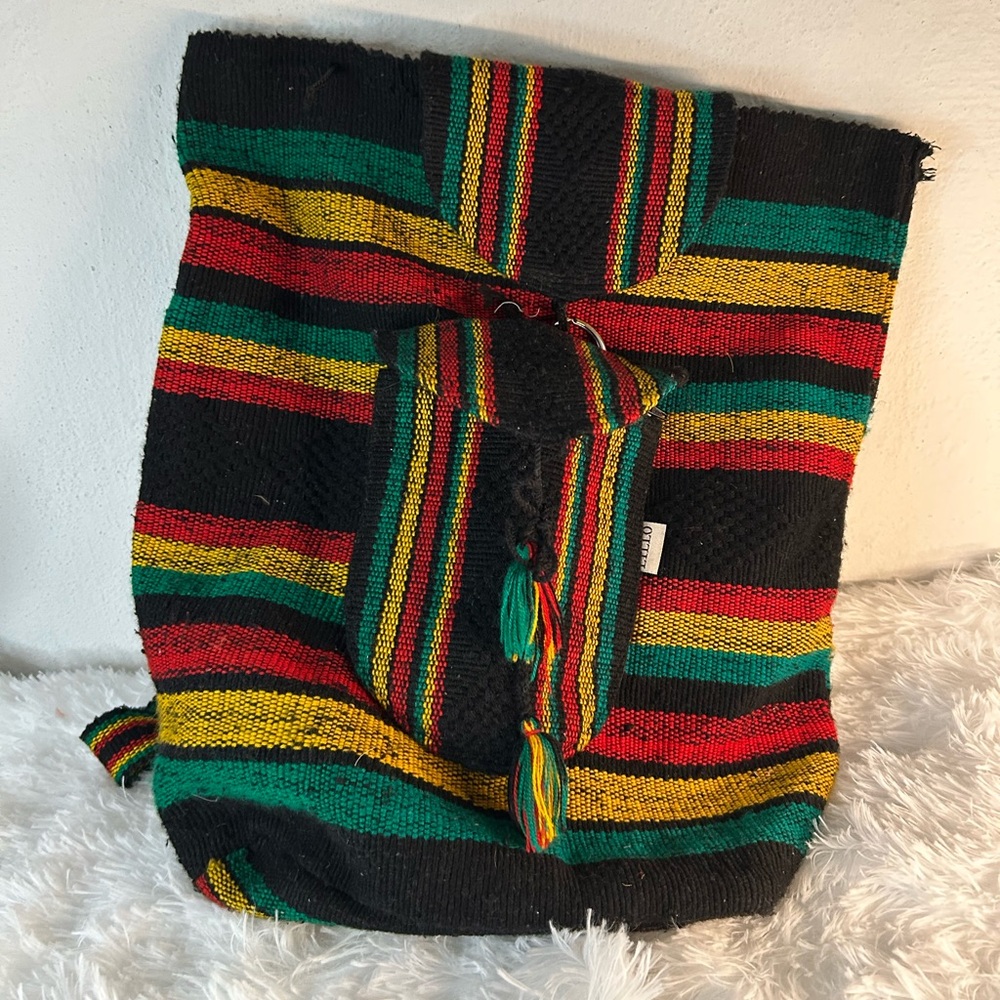 Handwoven Striped Rasta Drawstring Backpack - Black, Red, Green, Yellow